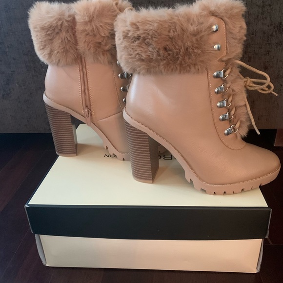 BCBG Faux Fur Tan Block Heel Bootie - Picture 2 of 5
